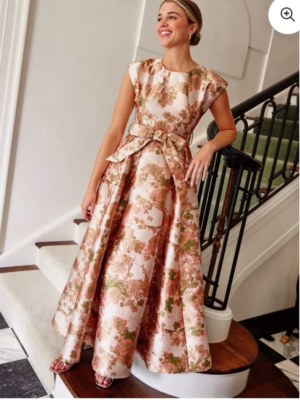 Floral Jacquard A-Line Wedding Gown with Waist Bow - Pink, Gold & Green
